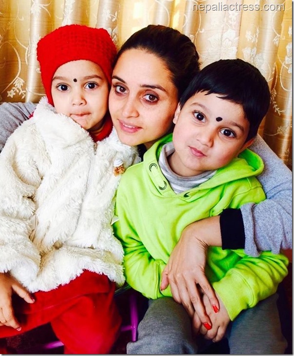 sanchita luitel with her son and daughter